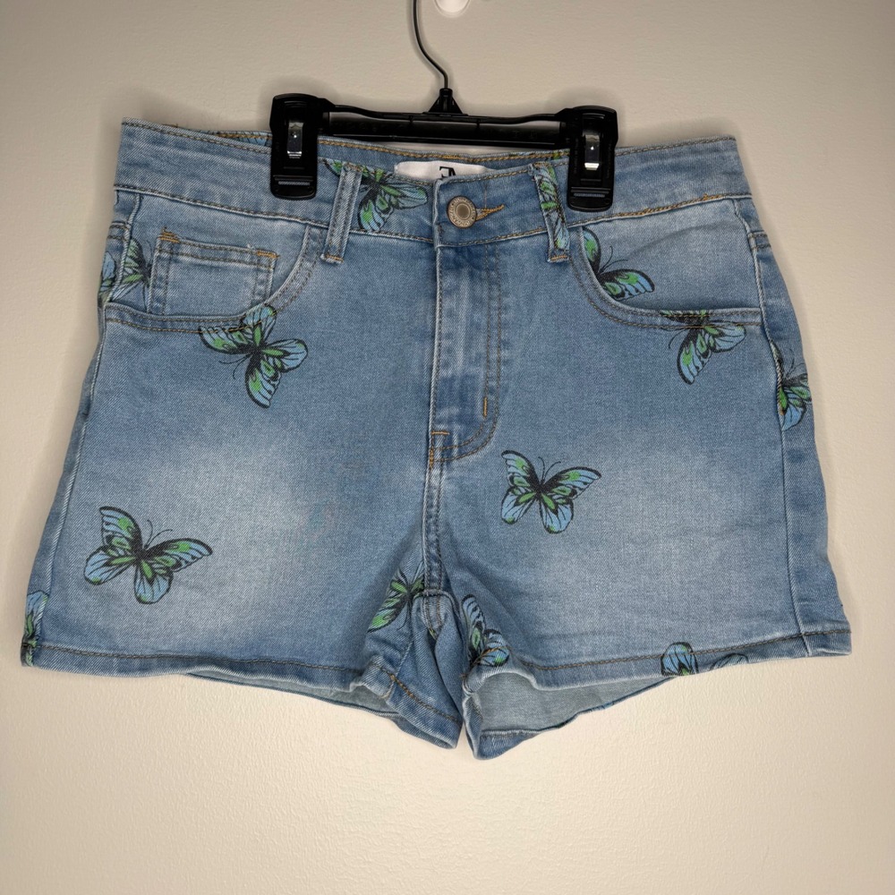 Flying Angel Denim Shorts Women 5/27 Blue Butterfly Print High Rise Jean Shorts